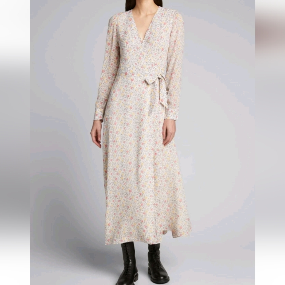 Ganni Floral Print Long-Sleeve Wrap Dress Prairie Modest Spring